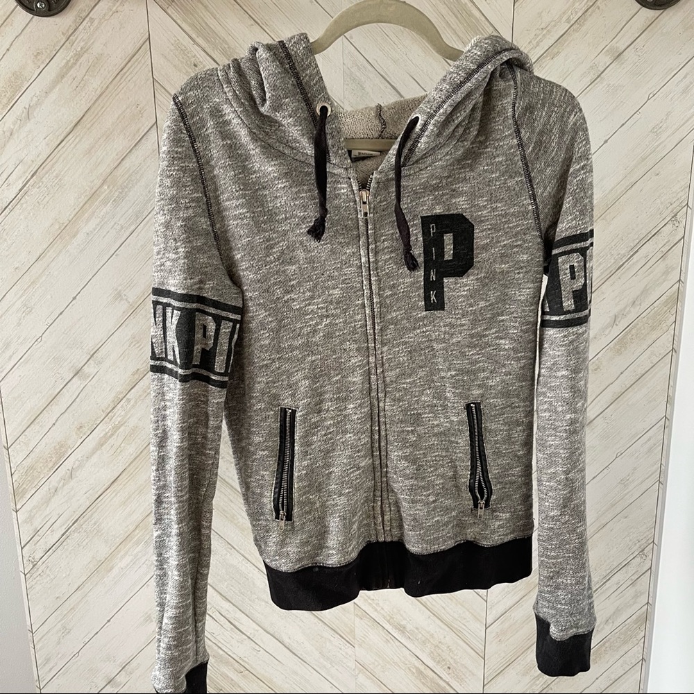 VS PINK Marl Gray & Black Zip-Up Logo Hoodie